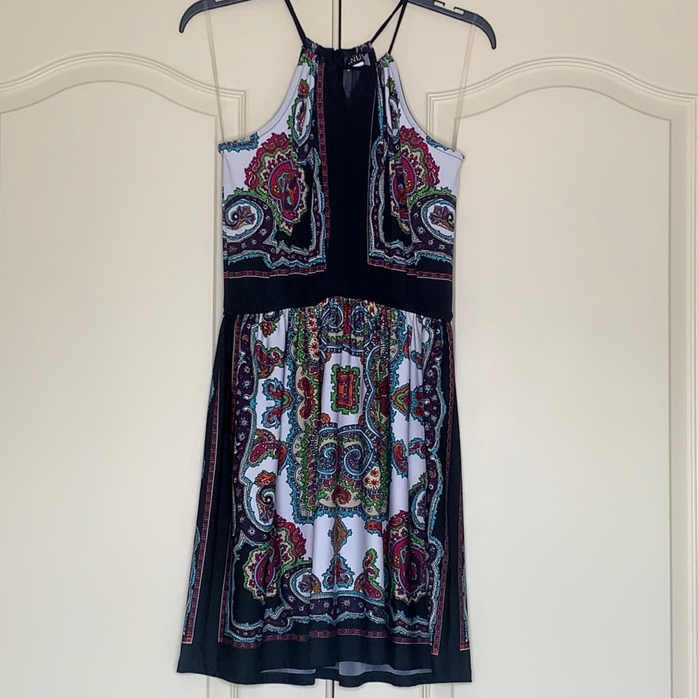 Venus multi-colored halter dress. 19” waist to hem